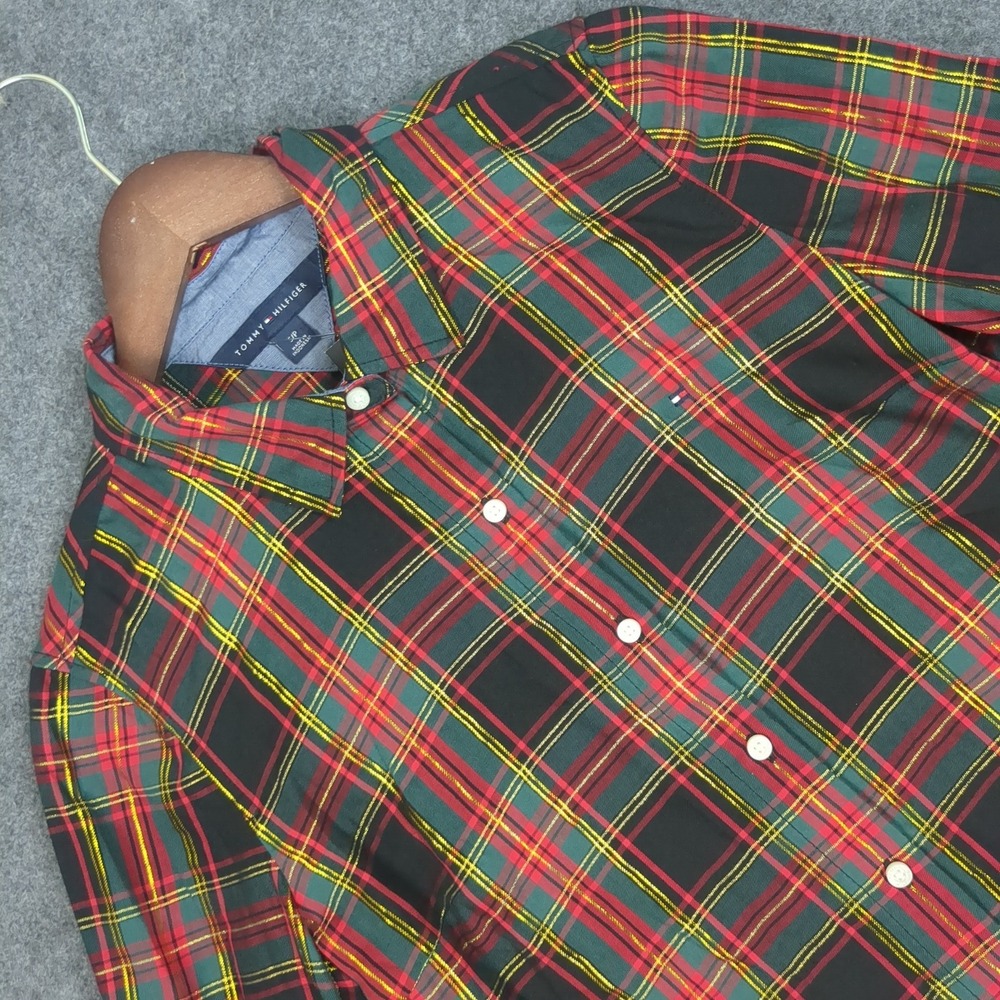 Tommy Hilfiger Heritage Plaid Metallic Lurex 3/4 Roll Tab Sleeve Shirt Red S